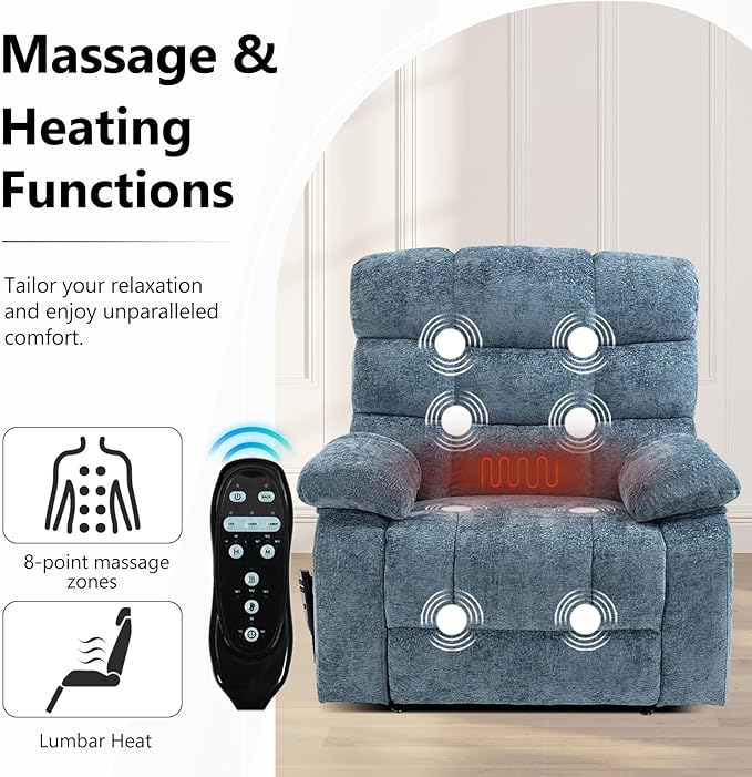 Lay Flat Recliner with Vibration Massage and Lumbar Heating, 26'' Wide Chair with Infinite Position and 2 Remote Controls, Soft Chenille Lift for Living Room, Grayish Blue-Ruum Studio Home