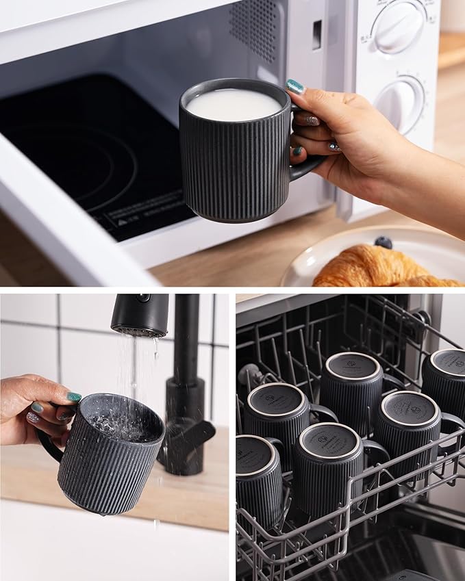 famiware Coffee Mug Set for 6, Star 12 oz Catering Mugs Cup Set with Handle for Coffee, Tea, Cocoa, Milk - Ceramic Stoneware Drinkware Set, Matte Dark Charcoal-Ruum Studio Home