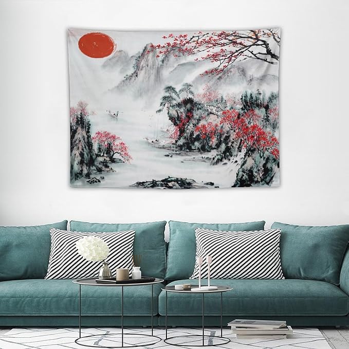 Cherry Blossoms Tapestry, Japanese Red Landscape Asian Watercolor Abstract Art, Bedroom Living Room Decor 40"x30"-Ruum Studio Home