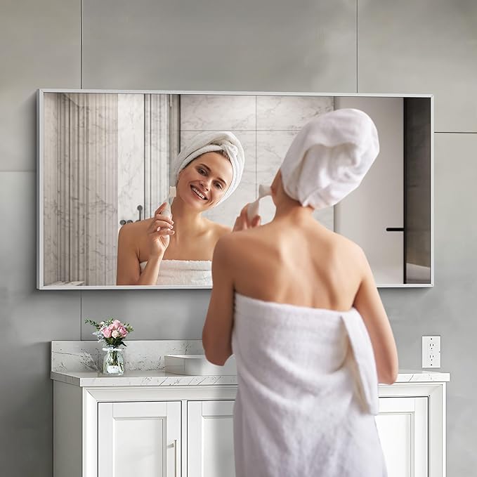 48x24In Silver Bathroom Mirror for Wall, Brushed Nickel Rectangle Mirrors with Metal Frame, Bathroom Rectangular Mirror Modern Wall Mirror for Bedroom Living Room, Hangs Horizontal or Vertical-Ruum Studio Home