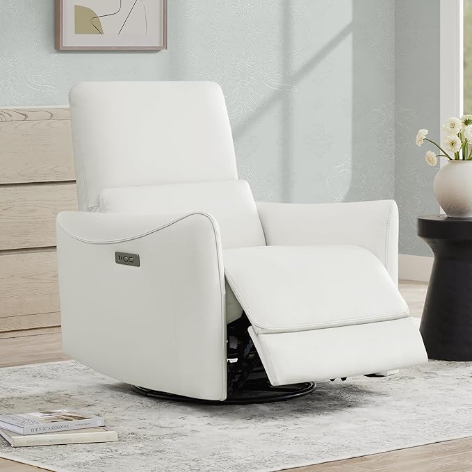 CHITA Power Recliner Chair Swivel Glider, FSC Certified Upholstered Faux Leather Living Room Nursery Reclining Sofa Chair with Lumbar Support, White-Ruum Studio Home