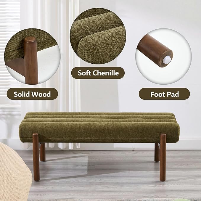 Green Upholstered Bench Modern End of Bed Bench Chenille Fabric Bedroom Bench for Entryway Living Room Vanity Makeup Room, 47" Long, Wooden Legs-Ruum Studio Home