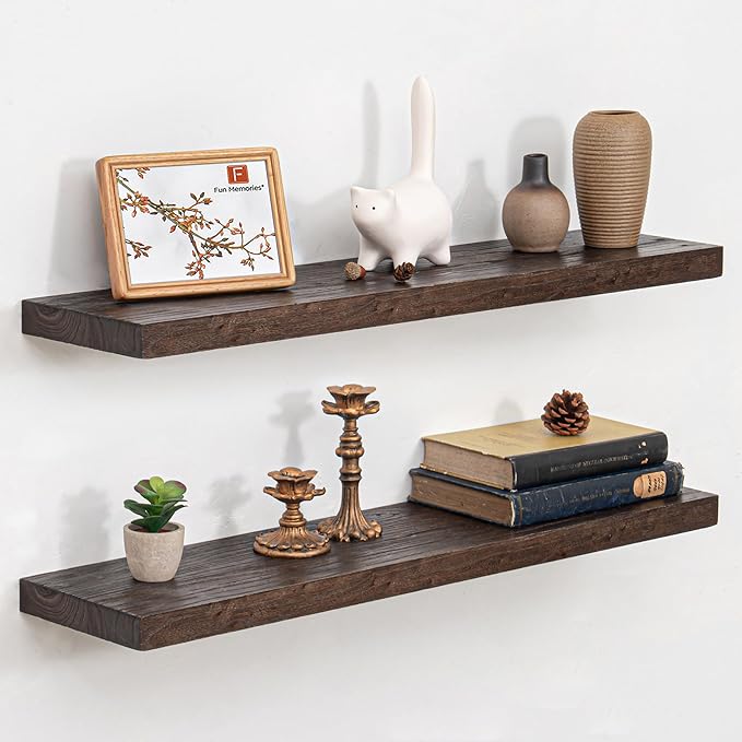 Floating Shelves for Wall, 32" Flat Edge Solid Elm Wood Floating Shelf, Wall-Mounted Display Shelves with Invisible Heavy-Duty Metal Bracket, Floating Shelf for Kitchen (Wanlut, Set of 2)-Ruum Studio Home