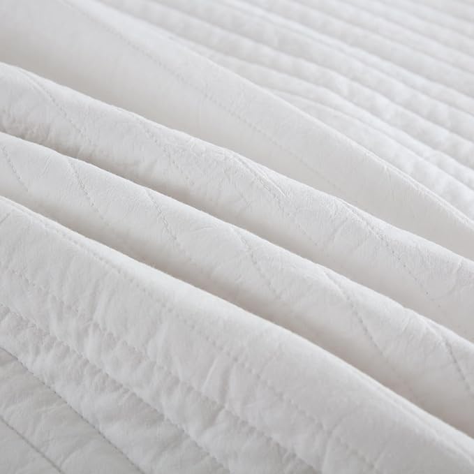 MarCielo 3-Piece 100% Cotton White Striped Quilt Set with Botanical Edge Embroidery TC(Sakura White,King(106" X 98"))-Ruum Studio Home