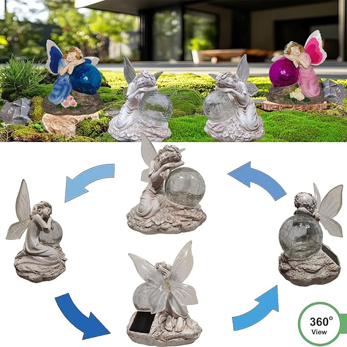 Fairy Garden Statue ，Solar Garden Decor ，Fairy Statue Outdoor with Glass Ball ，Waterproof Outdoor Decor，Suitable for Yard, Lawn ，Ideal for Holiday Giving (Left)-Ruum Studio Home