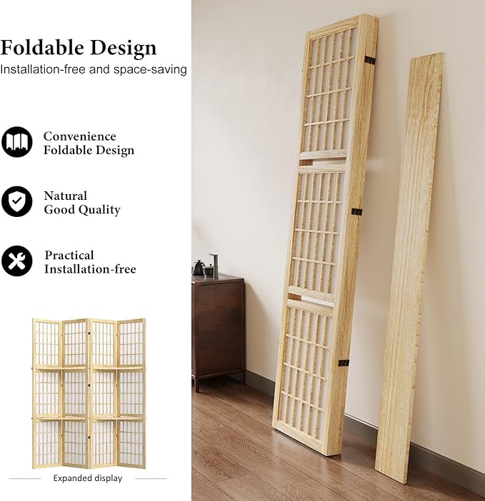 5.6FT Room Divider and Folding Portable Partition Screen, Chinese Japanese Shoji Style with Three Display Shelves for Room Separation - 4 Panel (Natural)-Ruum Studio Home