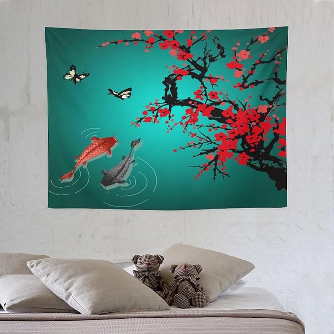 Japanese Koi Fish Tapestry, Cherry Blossoms Asian Oriental Green Teal Floral Branch Koi Fish Carp Tapestries Wall Hanging for Bedroom Living Room Office Decor 40"x30"-Ruum Studio Home