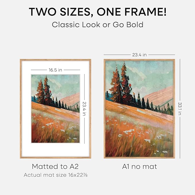 Homeforia A1 Poster Frame Natural Wood, High End Oak 23.4 x 33.1 Large Wooden Picture Frames Matted to 16.5 by 23.4 for Photo, A1 Size Light Wood Frames with Mat A2, Tempered Glass, Wall Kit, Set of 1-Ruum Studio Home
