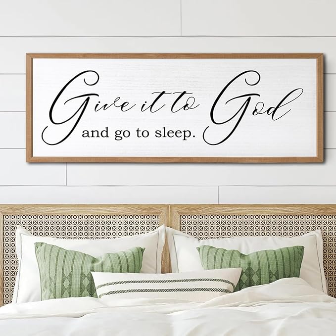 Give It To God And Go To Sleep Sign Wall Decor 40x15 Inch Large Farmhouse Master Bedroom Above Bed Hanging Wall Art Rustic Guest Room Wood Framed Over Bed Wall Decoration (Wood White)-Ruum Studio Home