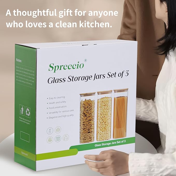 Square Glass Food Storage Jars with Lids[Set of 3], Perfect for Pasta, Cookies, Nuts, Coffee, Cereal, Flour, Organize Your Kitchen and Pantry with these BPA-Free Glass Jars with Canisters-Ruum Studio Home