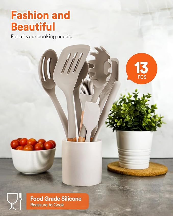 Kitchen Utensils Set, 13PCS Silicone Cooking Utensils, Heat Resistant Kitchen Utensil Spatula Set for Nonstick Cookware, Wooden Handles Kitchen Gadgets Tools Set-Ruum Studio Home