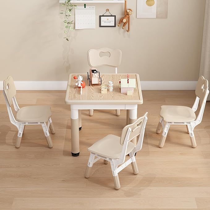 Kid Table and Chairs, Height Adjustable Childrens Table and Chair Set, Kids Tables for Age 2-8, Graffiti Desktop, Table for Kids with 4 Seats, Small Kids Table, Max 300lbs-Ruum Studio Home