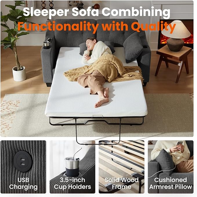 Pull Out Sofa Bed, Full Size Sleeper Sofa, 2-in-1 Convertible Corduroy Couch with USB Charging, Memory Form Couch for Living Room, Apartment and Small Space (Dark Grey, Corduroy - Full Size)-Ruum Studio Home