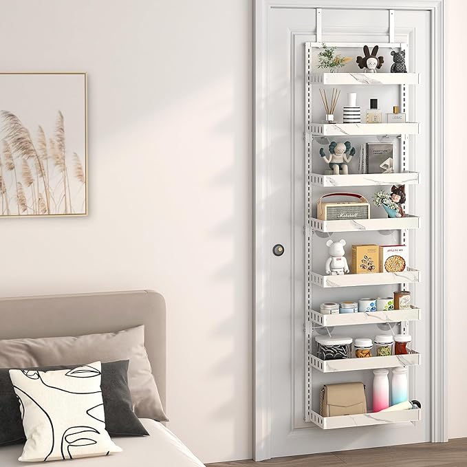 bukfen Over the Door Pantry Organizer,8-Tier Adjustable Basket Kitchen Pantry Door Organization and Storage, Heavy-Duty Metal Hanging Kitchen Spice Rack,D6.3 x W17.32 x H66.93 inch,White Marble Color-Ruum Studio Home
