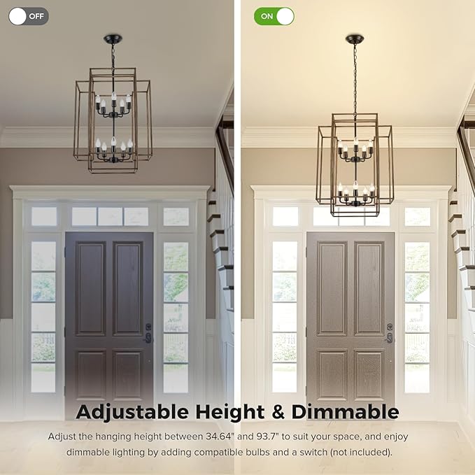 30" Black Farmhouse Chandelier, 10-Light Foyer Lighting Fixtures, Lantern Tiered Pendant Light Fixtures, Metal Wood Grain Finish Rustic High Ceiling Chandelier for Dining Room Entryway Staircase-Ruum Studio Home