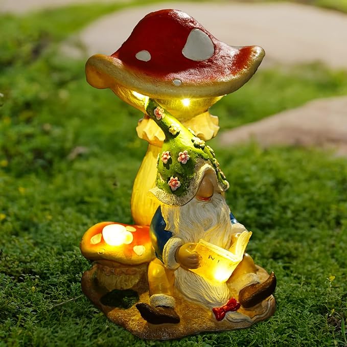 Upgraded Size Solar Garden Outdoor Statues Gnome Reading Under Mushroom with 5 LED Solar Figurine for Lawn,Patio,Balcony,Yard Decor Unique Housewarming Gift for Grandfather, Father,Grandma,Wen-Ruum Studio Home