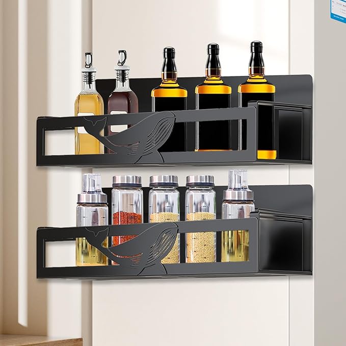 Magnetic Spice Rack for Refrigerator, 2-Pack Metal Spice Organizer for Kitchen Storage Organization, Magnetic Shelf for Fridge Space Saving Seasoning Organizer, Black-Ruum Studio Home