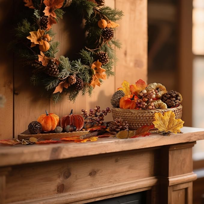 Artmag 51 PCS Artificial Fabric Pumpkins, Fall Harvest Decorations with Acorns, Pinecones, Berries, Maple Leaves for Fall Thansgiving Halloween Decoration-Ruum Studio Home