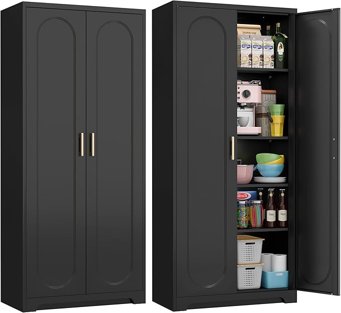 71" Tall Metal Pantry Cabinet with 4 Adjustable Shelves and Gold Handles Heavy-Duty Steel Storage for Kitchen, Dining Room or Office-Ruum Studio Home