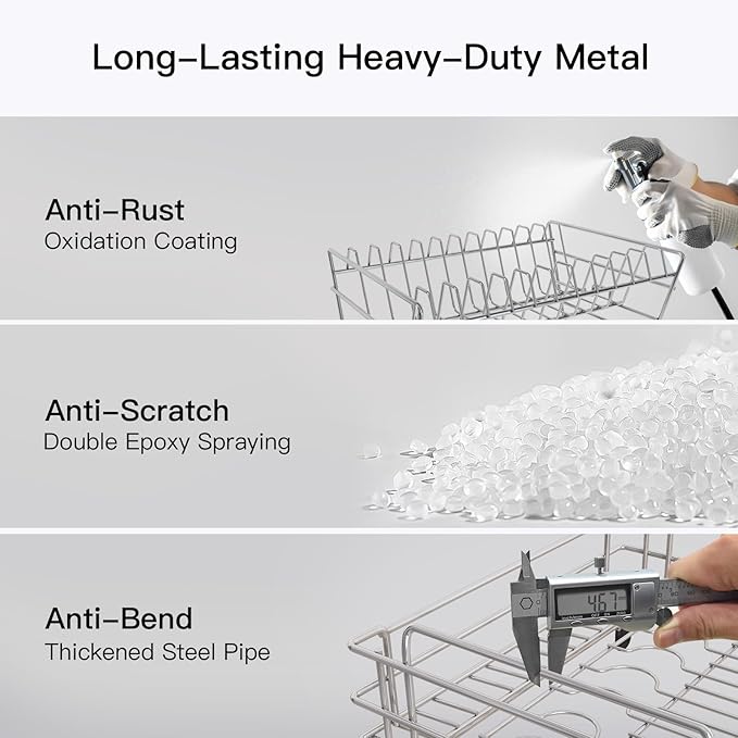 BOOSINY 2 Tier Grey Large Stainless Steel Dish Drainers Drying Rack for Kitchen Counter with Drainboard, Rust Proof Metal, Space Saving, Modern Aesthetic, Compact Plates Strainers with Extra Mat-Ruum Studio Home