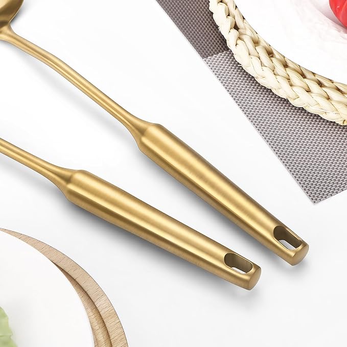 304 Stainless Steel Cooking Utensil,Kitchen Kitchen Utensil with Spatula, Solid Spoon, Ladle, Skimmer, Spaghetti Spoon, 6 Piece Set, Dishwasher Safe(Gold)-Ruum Studio Home