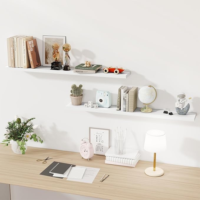 White Floating Shelves for Wall, 48 Inch Floating Shelves for Home Decor, Wall Mounted Rustic Wood Shelves, Bathroom, Hanging Deep Shelf for Bedroom, Living Room, Kitchen, 2 Packs-Ruum Studio Home