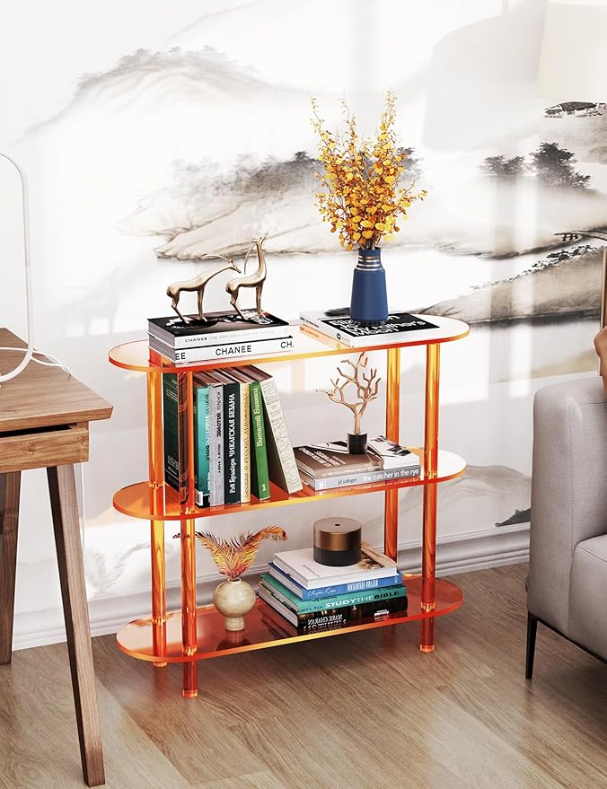 Clear Bookshelf, Acrylic Bookcase with Open Book Shelf for Office Living Room Bedroom (3 Tier Orange)-Ruum Studio Home