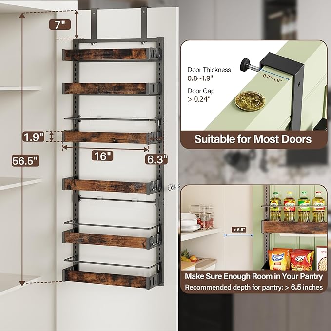 6 Tier Over The Door Pantry Organizer, 2 IN 1 Wall Mount or Metal Hanging Spice Rack for Pantry Organizers and Storage, Seasoning Shelves，Adjustable Basket with Hooks for Kitchen, Bathroom,Laundry-Ruum Studio Home