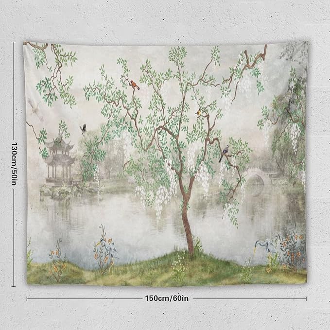 HZOHNAGO Japanese Tapestry Tree Misty Garden Lake Printed Wall Tapestry Ink Painting Wall Hanging for Bedroom Living Room Dorm 60" W x 50" H-Ruum Studio Home