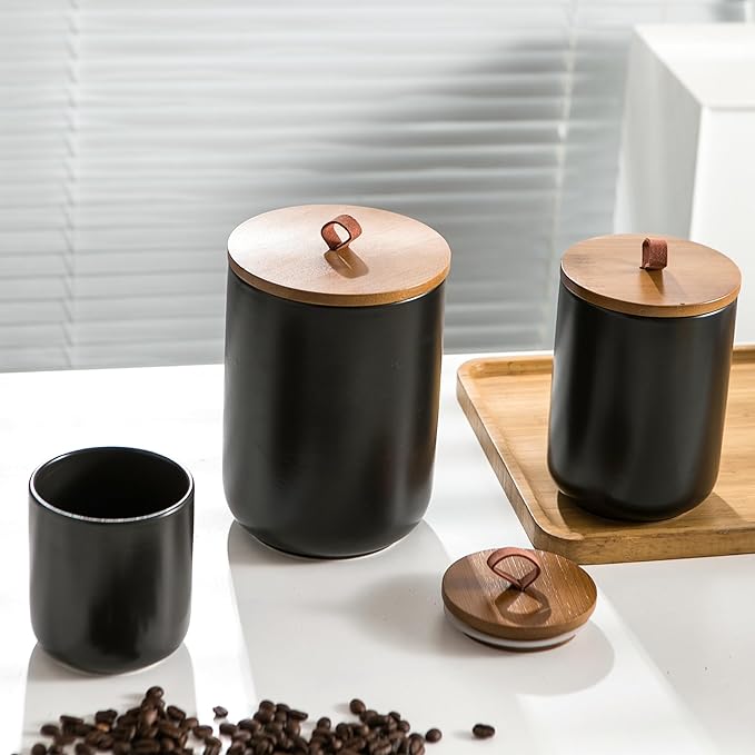 Black Ceramic Canister Set with Wooden Lid, 3-Piece Food Storage Jars for Kitchen Counter, Storage Container for Coffee, Tea, Spice, Sugar, Grains, Salt-Ruum Studio Home