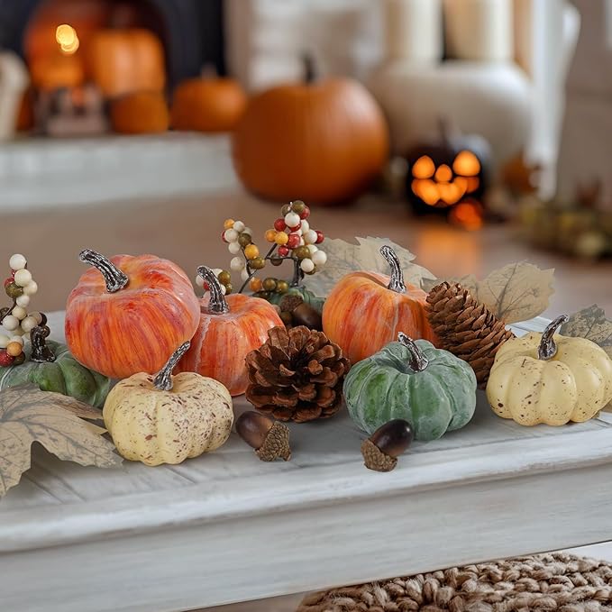 Artmag 25 PCS Pumpkin Decor Set, Artificial Pumpkins Fall Decor for Halloween Thanksgiving Decorations with Acorns, Pinecones, Berries, Maple Leaves for Home Table-Ruum Studio Home