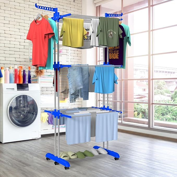 Bigzzia Clothes Drying Rack, 67.7 Inch Laundry Drying Rack with Foldable Base, 4 Tier Stainless Steel Drying Rack Clothing, Movable Laundry Rack for Indoor Outdoor-Blue-Ruum Studio Home