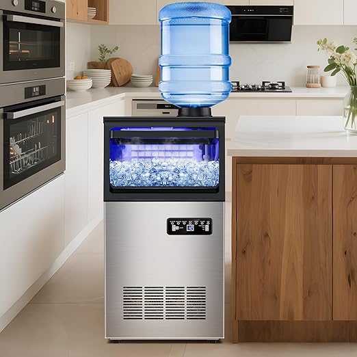 Commercial Ice Maker Machine 130Lbs/24H with 30Lbs Ice Capacity, 45Pcs Clear Ice Cubes Ready in 8-15Mins, Stainless Steel Under Counter Freestanding Large Ice Machine, 2 Water Inlet Modes-Ruum Studio Home