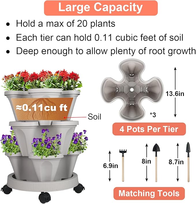 Vertical Planter 3 Tier Stackable Planters Garden Planters Strawberry Herb Flower and Vegetable Planter Indoor Outdoor Gardening Pots with Removable Wheels and Tools 2-Pack-Ruum Studio Home
