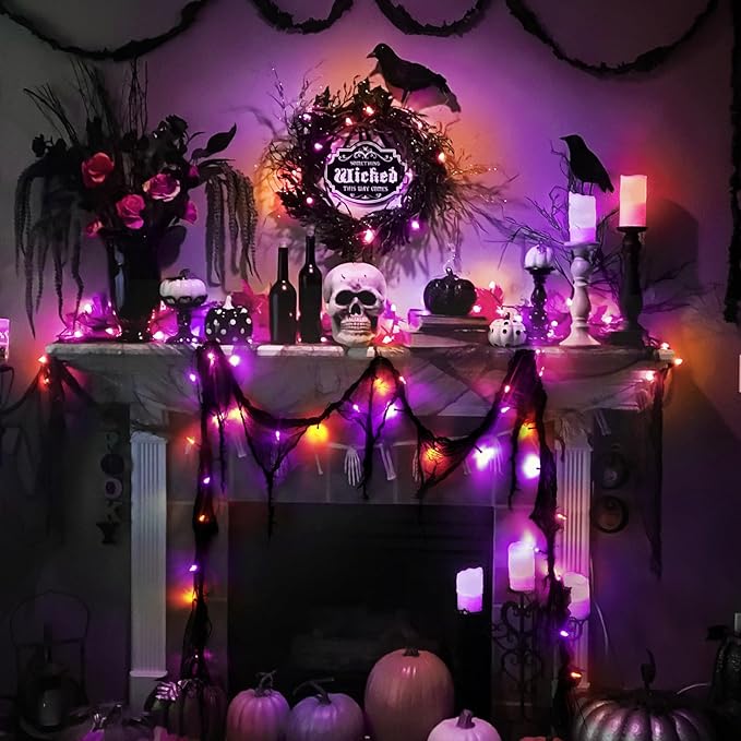 Halloween Horror Atmosphere Lights, Orange&Purple LED String Lights with 9.9FT Creepy Black Gauze, Battery Powered with Timer & 8 Flashing Modes (Orange & Purple)-Ruum Studio Home