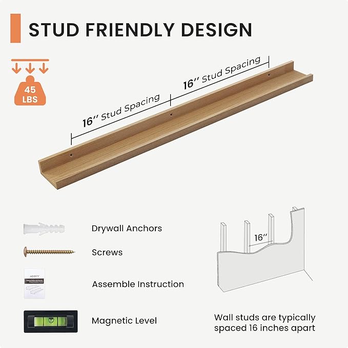 Solid Ash Wood Picture Ledge Shelf, Wood Floating Shelves Set of 2, 48 Inch Long Large Photo Ledge Shelves, Nursery Book Shelves Wall Mounted for Living Room Kids' Bedroom Decor, Natural-Ruum Studio Home