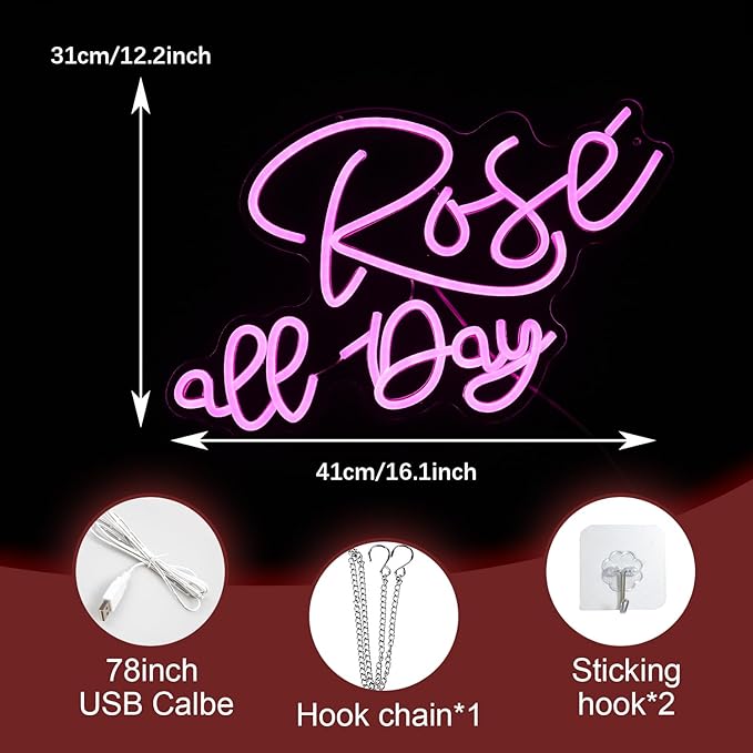 Rose All Day Neon Sign LED Pink Rose Neon Light For Wall Decor Dimmable USB Words Light Up Sign for Bedroom Wedding Party Atmosphere Decor Lovers Gift(12.2 * 16.1 In)-Ruum Studio Home
