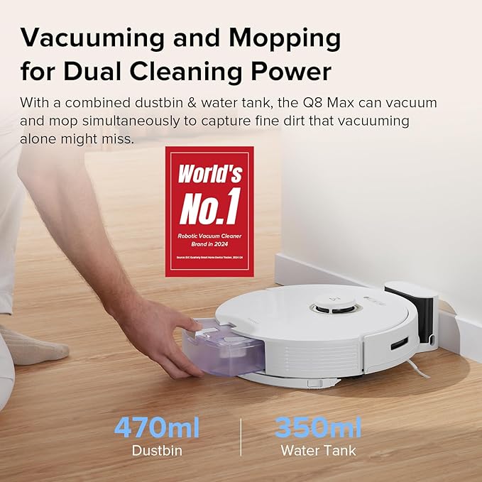 roborock Q8 Max Robot Vacuum and Mop Cleaner, DuoRoller Brush, 5500Pa Strong Suction, Lidar Navigation, Obstacle Avoidance, Multi-Level Mapping, Perfect for Pet Hair-Ruum Studio Home