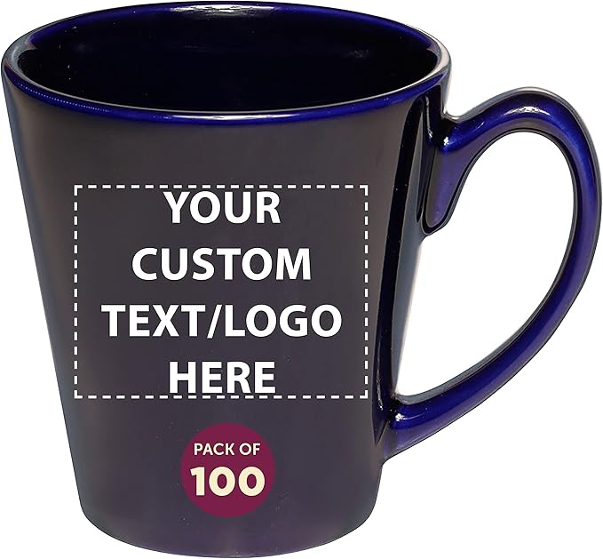 DISCOUNT PROMOS Custom Glossy Ceramic Latte Coffee Mug 12 oz. Set of 100, Personalized Bulk Pack - Perfect for Tea, Espresso, Cappuccino, Hot Cocoa - Blue-Ruum Studio Home
