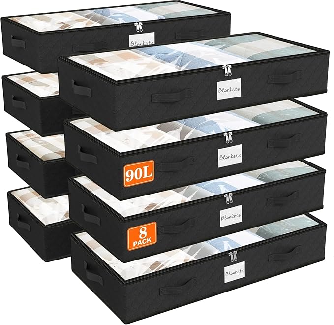 SpaceWhisper 90L Under Bed Storage Containers, 8-Pack Storage Bins with Clear Top, Foldable Closet Organizers and Storage with Label Holder for Clothing, Blankets, Comforter & Pillows(Black)-Ruum Studio Home