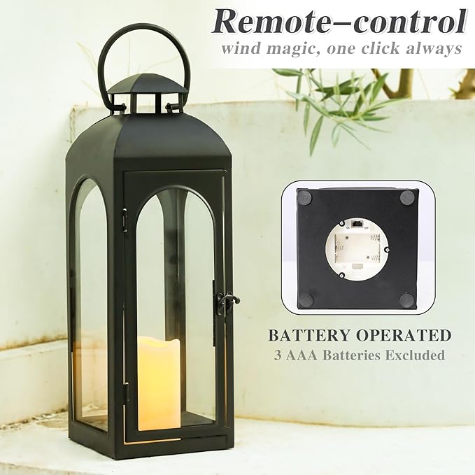 Bdor 2 Pack 20 Inches Metal and Tempered Glass Decorative Lantern with Electronic Wax Effect - Indoor/Outdoor Decorative Lighting, Handcrafted Aesthetic, Perfect for Home, Parties, and Holiday Decor-Ruum Studio Home