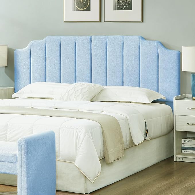 24KF Light Blue Teddy Fabric Tufted King Upholstered Headboard, Modern Vertical Channel Design California King Headboard with Stepped Silhouette Top Edge,6026-K-Teddy Light Blue-Ruum Studio Home