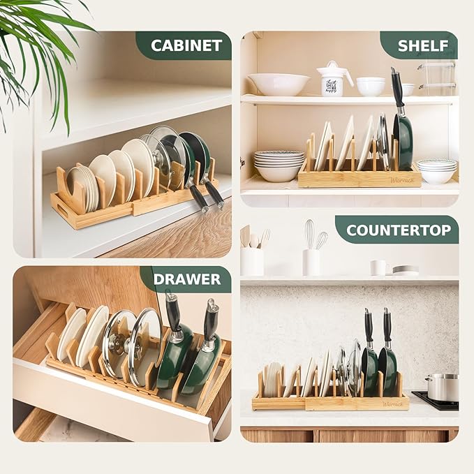 Bamboo Pot Lid Organizer, Adjustable Kitchen Organizer for Cabinet, Expandable Pot and Pan Storage Rack, Kitchen Organization for Lids, Bakeware, and Cutting Boards-Ruum Studio Home