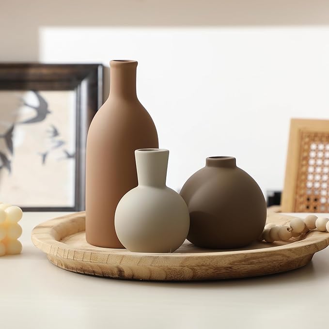 Ceramic Vase Set of 3, Vases Home Decor Rustic Farmhouse Decorative Vase Pottery Vases for Bouquet Pampas Grass Dried Fresh Flowers, Table Living Room Kitchen Bedroom Bathroom - Brown-Ruum Studio Home