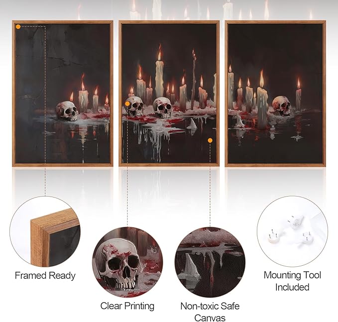 Aurlan Gothic Bloody Skull and Candles Framed Wall Art(16"x24"), 3PCS Horror Dark Academia Halloween Skeleton Canvas Artwork, Modern Goth Spooky Creepy Ghost Decor for Home Office Bedroom-Ruum Studio Home