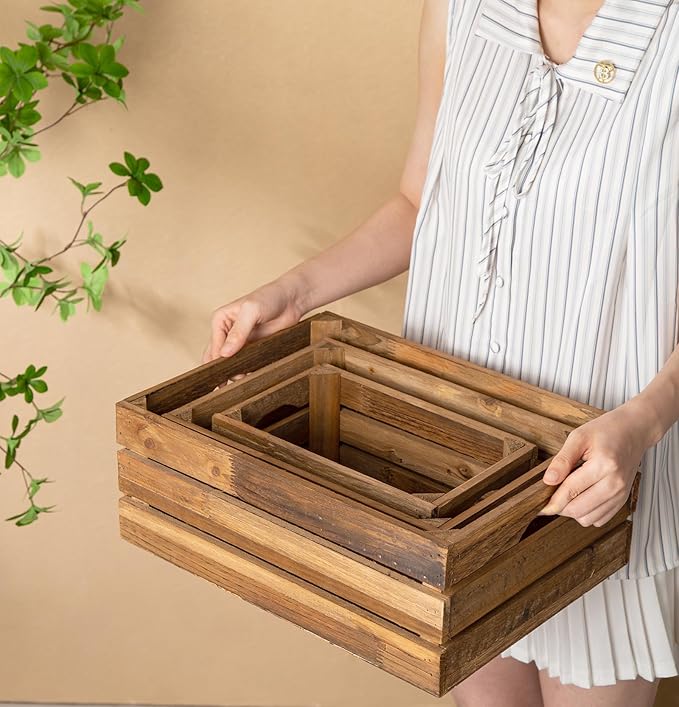 Set of 3 Nesting Wooden Crates, Rustic Wooden Storage Container Boxes with Cutout Handles, Decorative Farmhouse Wood Baskets for Display (Natural)-Ruum Studio Home