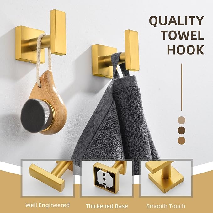 Angle Simple Towel Hooks for Bathroom, SUS 304 Stainless Steel Square Robe Coat Wall Hooks, Hand Towel Holder, Brushed Gold, 2 Pack-Ruum Studio Home