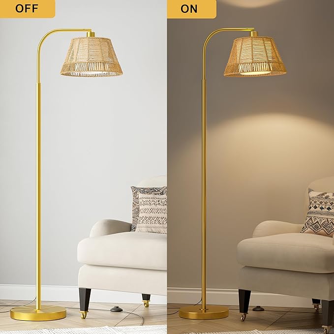 Oneach Arc Floor Lamp for Living Room,Rattan Boho Floor Lamp with Hand-Woven Wicker & Fabric Shade, Foot Switch,Gold Metal Base & Pole,Farmhouse Standing Lamp for Bedroom Corner,Office,Reading-Ruum Studio Home