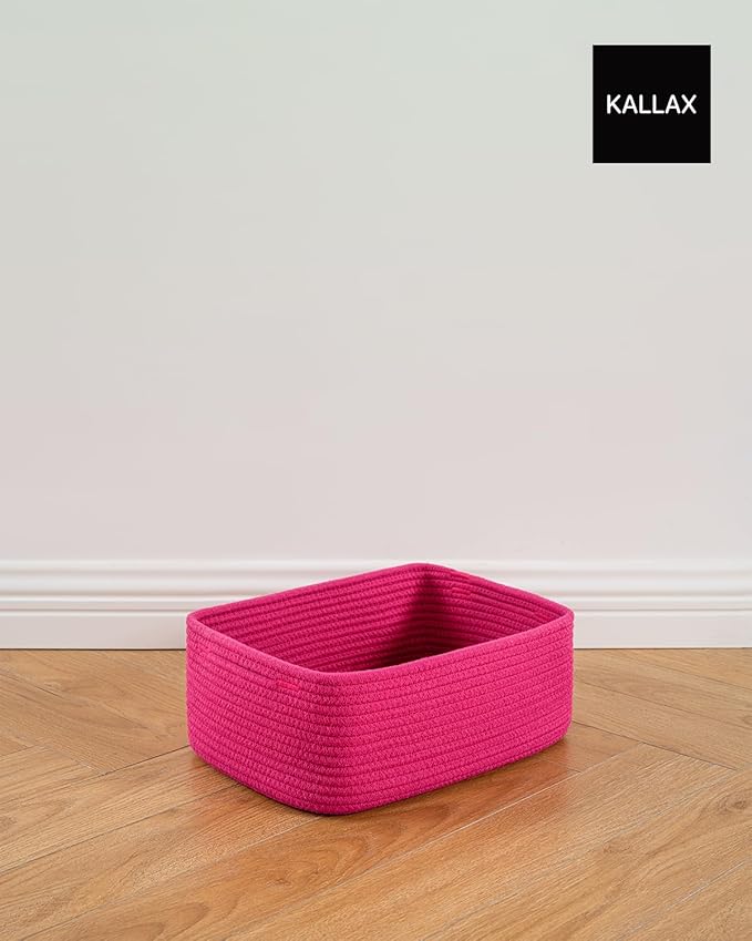 KALLAX Small Woven Basket, 13.5 x 9.5 x 5 Inches, Storage Basket for Organizing, Cute Small Rope Shelf Closet Cube Storage Bins Baskets for Shelves, Dog Toy Gift Baskets Empty, 3 Packs, Hot Pink-Ruum Studio Home
