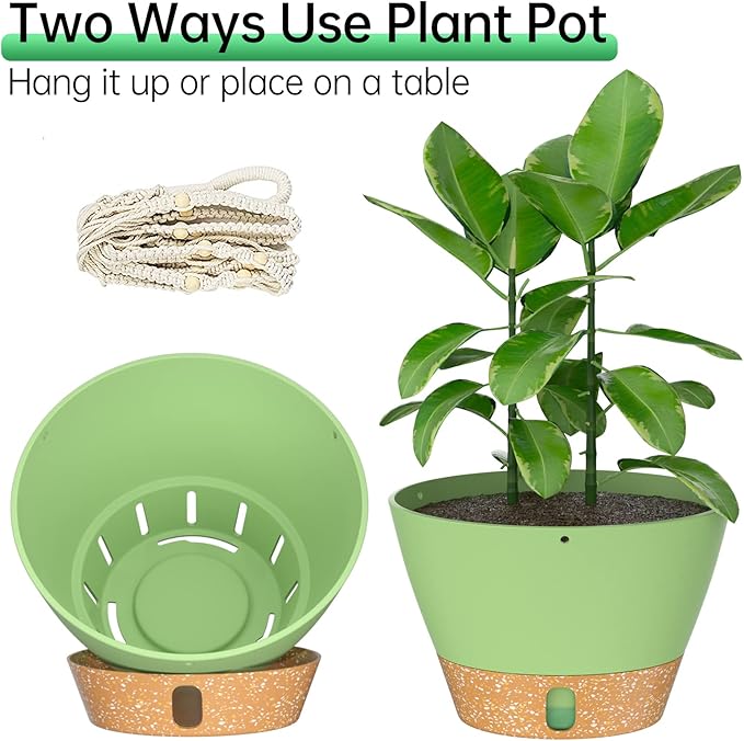ZMTECH 2 Pack 10 Inch Hanging Planters with Macrame Plant Hanger for Indoor and Outdoor Plants, Self Watering, Drainage Hole, Visible Level Tray, Green-Ruum Studio Home
